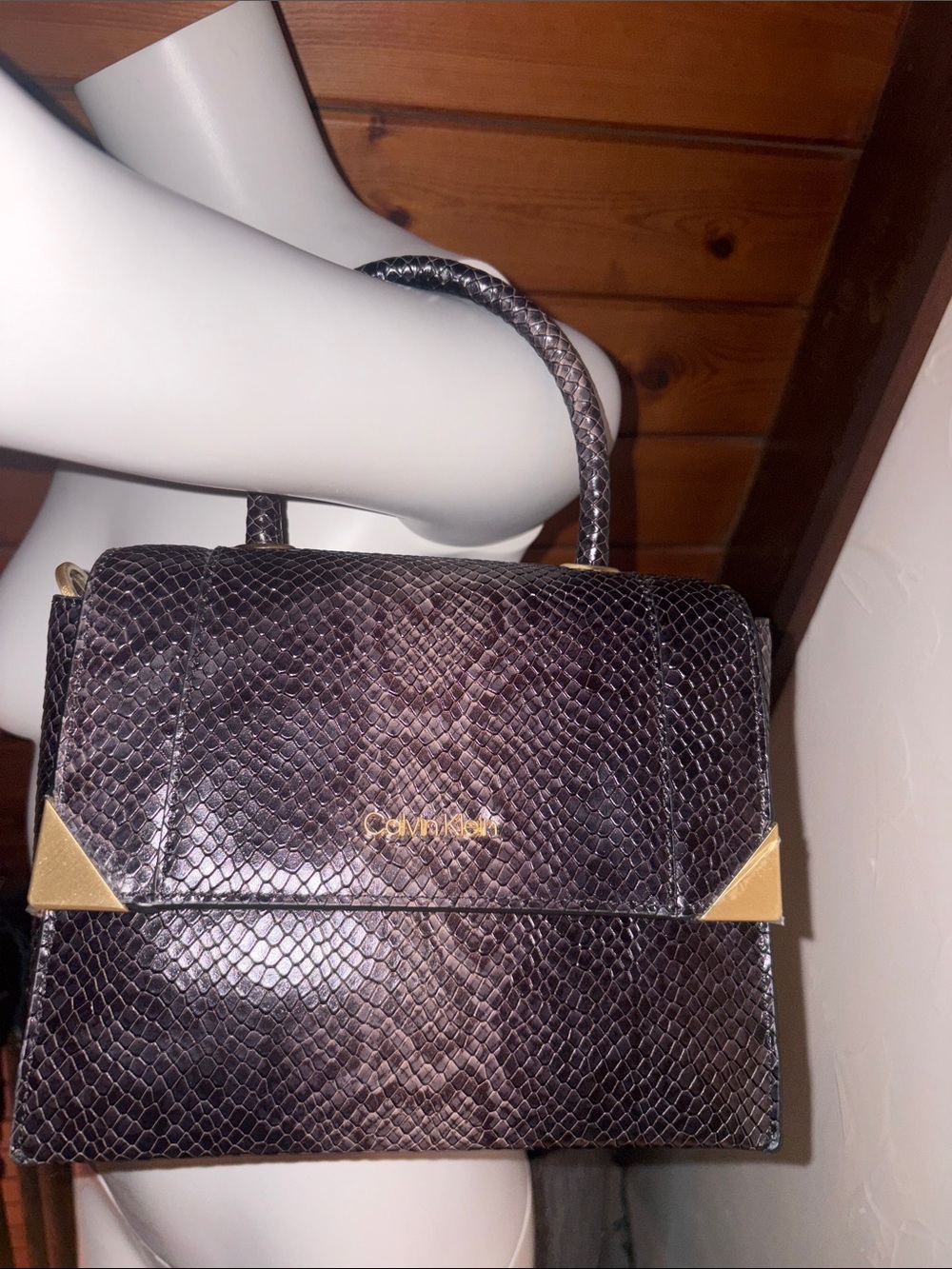 Calvin Klein Snakeskin Fern Top Handle Leather Satchel Crossbody Gold Hardware